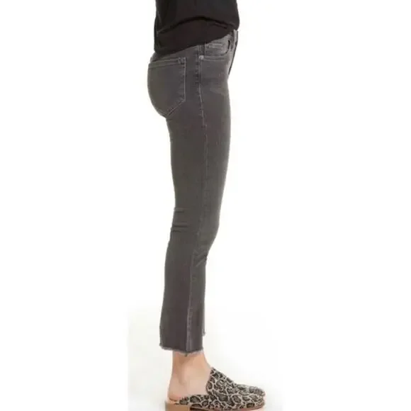 FREE PEOPLE Jeans Mid Rise Black Wash Raw Hem Straight Crop Jeans 27 Boho Goth - Picture 2 of 11